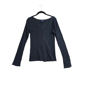 Y2K Ralph Lauren Top Women Large Black Solid Ribbed V-Neck Cotton LS Shirt EUC